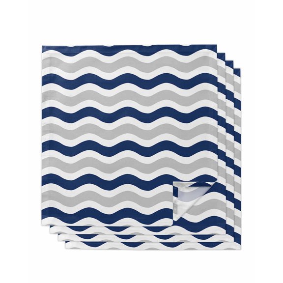 nqOlkjepod Navy Blue Grey White Cloth Napkins Set of 4 Reusable Dinner Napkins, Abstract Geometric Ocean Wave Stripe Cocktail Napkin Washable Table Napkins for Wedding/Party/Baby Shower 20"x20"