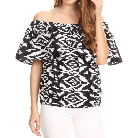 Sakkas Amai Off-shoulder Ruffle Ankara Wax African Dutch Casual Blouse Top - Black white/ikat - One Size Regular
