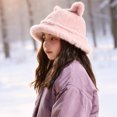 thumbnail image 3 of Ferjadq Kids Fuzzy Fleece Cat Ear Bucket Hat Short Brim Cute Winter Fisherman Cap for Toddler Girls Multi Tone Pink,2-8 Years, 3 of 5