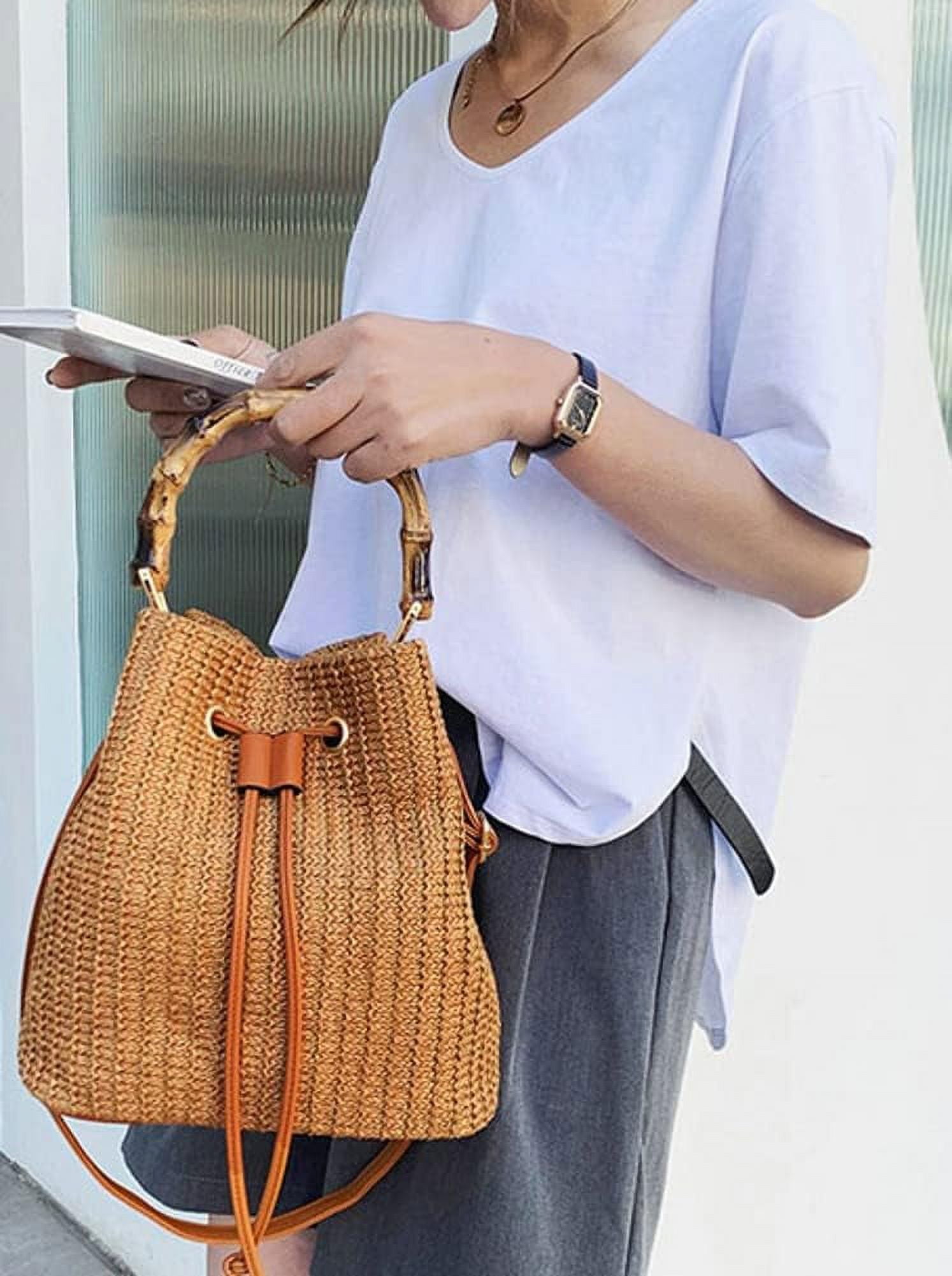 Kukuzhu Straw Hobo Bag for Women Woven Shoulder Crossbody Bag Bucket Handbag Totes Summer Purse Bamboo Handle