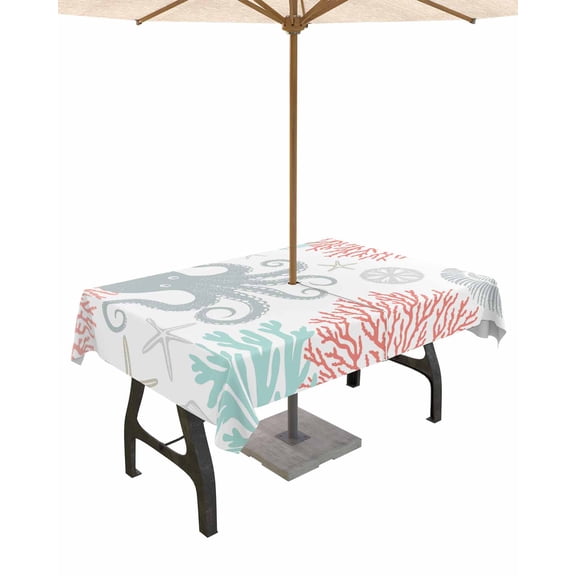 Fsddascl Teal Red Octopus Coastal Outdoor Tablecloth - 54x80 Inch Rectangle Dining Table Cover, Nautical Coral Starfish Waterproof Outdoor Table Cloth with Umbrella Hole & Zipper for Picnic/Patio