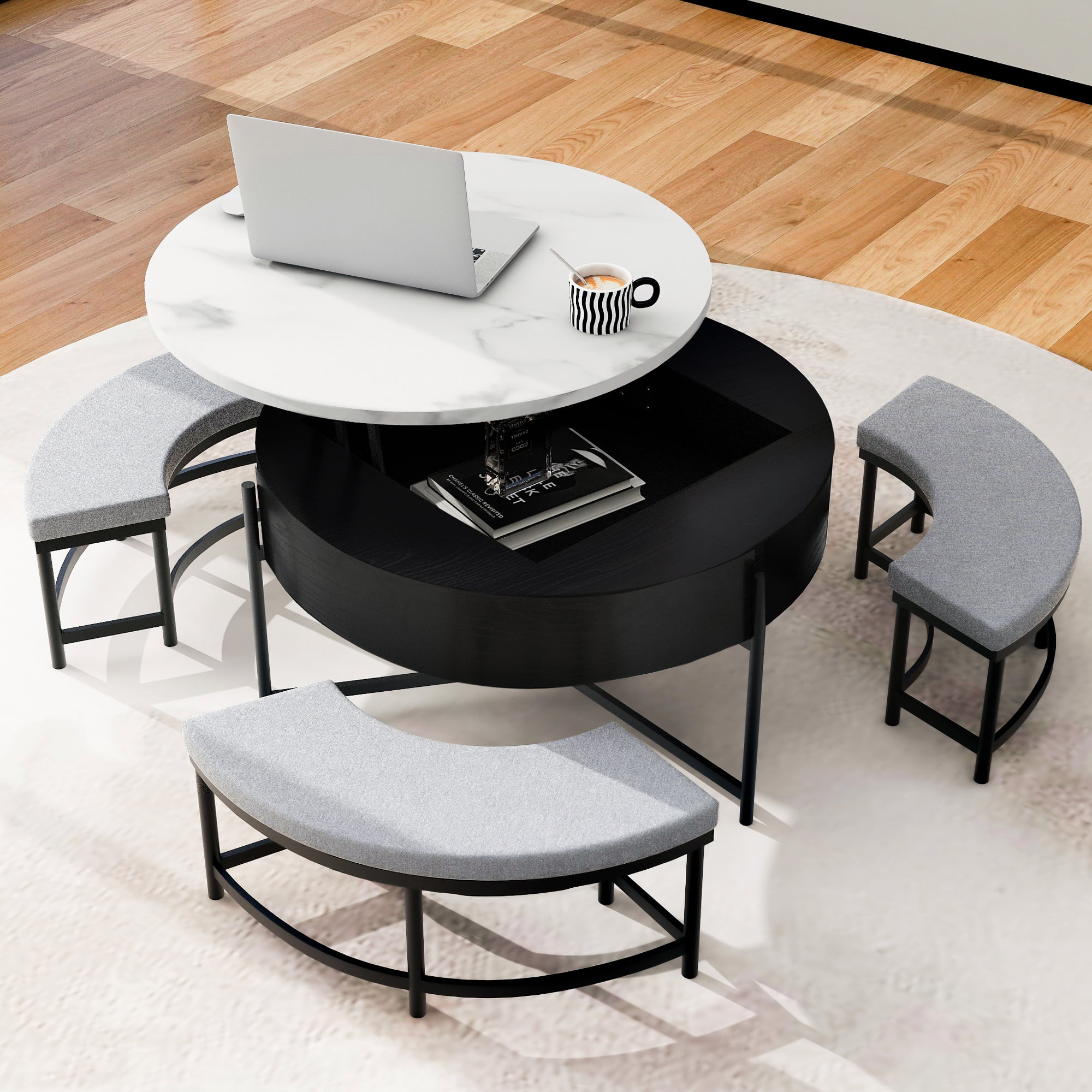 Harper & Bright Designs Round Lift-Top Coffee Table with Ottomans and Storage, Gold Center Table Set with Stools Underneath for Living Room, White & Black
