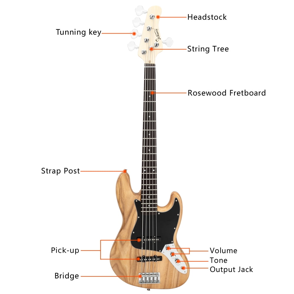 Gjazz Electric 5 String Bass Guitar Full Size Bag Strap Pick Connector Wrench Tool Burlywood