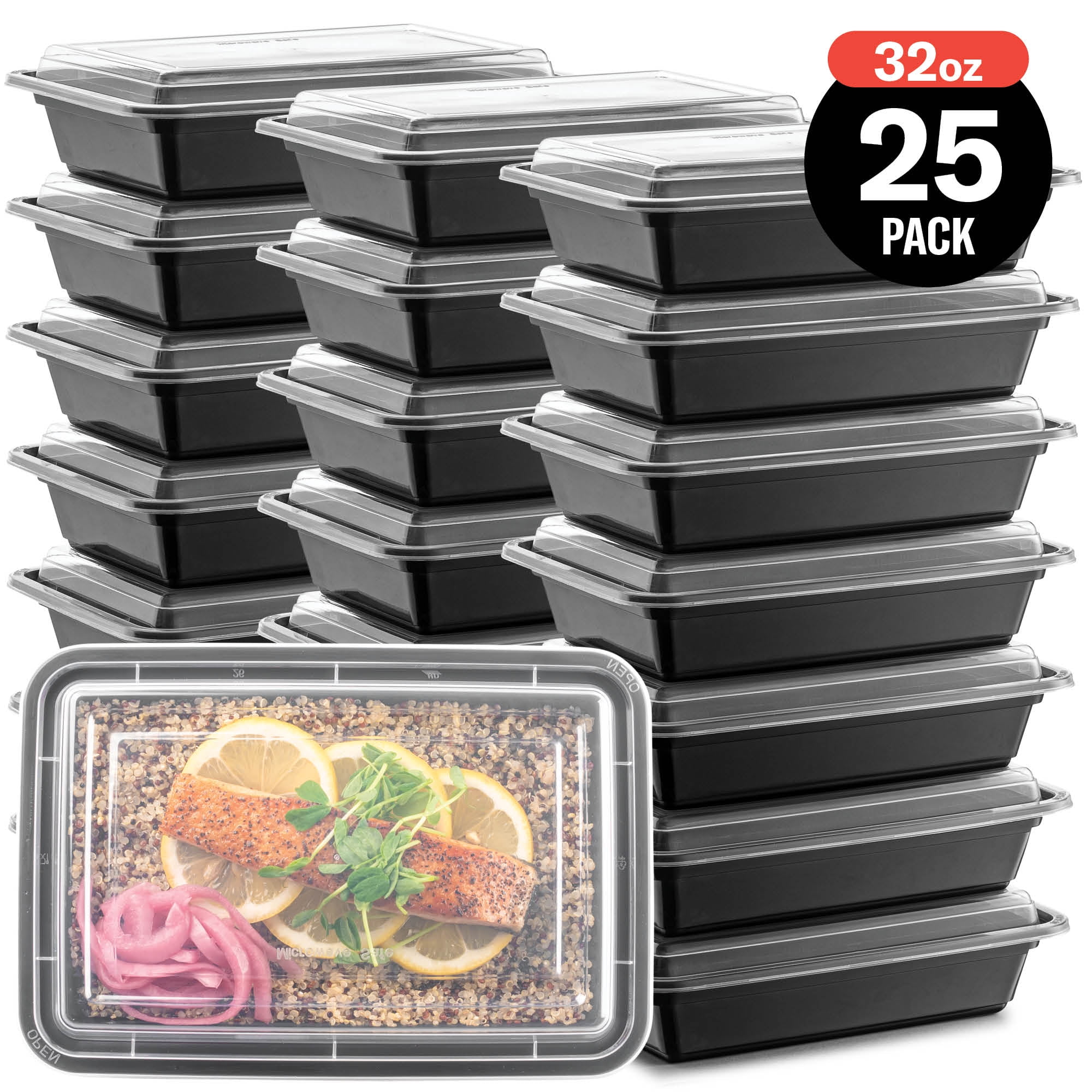 Promoze 25-Pack Meal Prep Plastic Microwavable Food Storage Containers with  Lids 28 oz. 1 Compartment Black Rectangular Reusable Lunch Boxes 