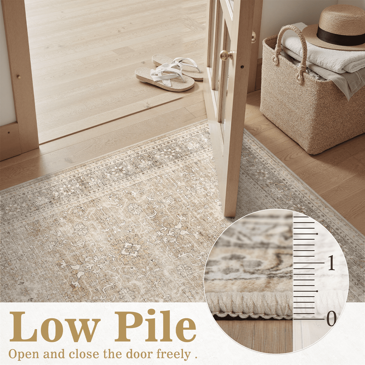 Floral 5x7 Area Rug, Machine Washable, Soft Vintage Floral Rug Non Slip Stain Resistant for Living Room, Bedroom, Dining Room -Beige