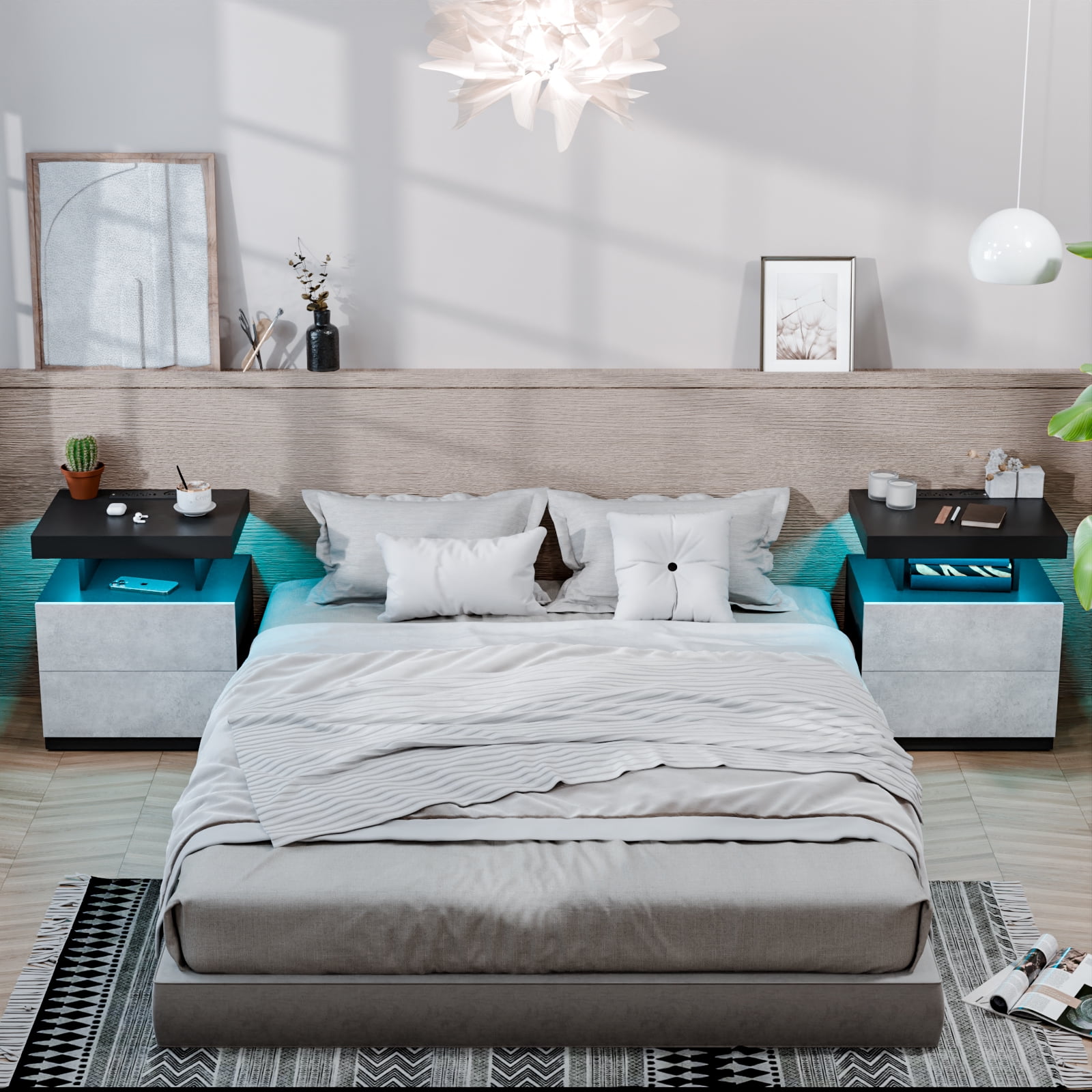 Hommpa Modern Nightstand Set of 2 LED Nightstand with 15W Wireless Charging Type C USB Port 2 Drawers Bedside Table Storage High Gloss Night Table Gray End Side Table for Bedroom Furniture 22.3" Tall