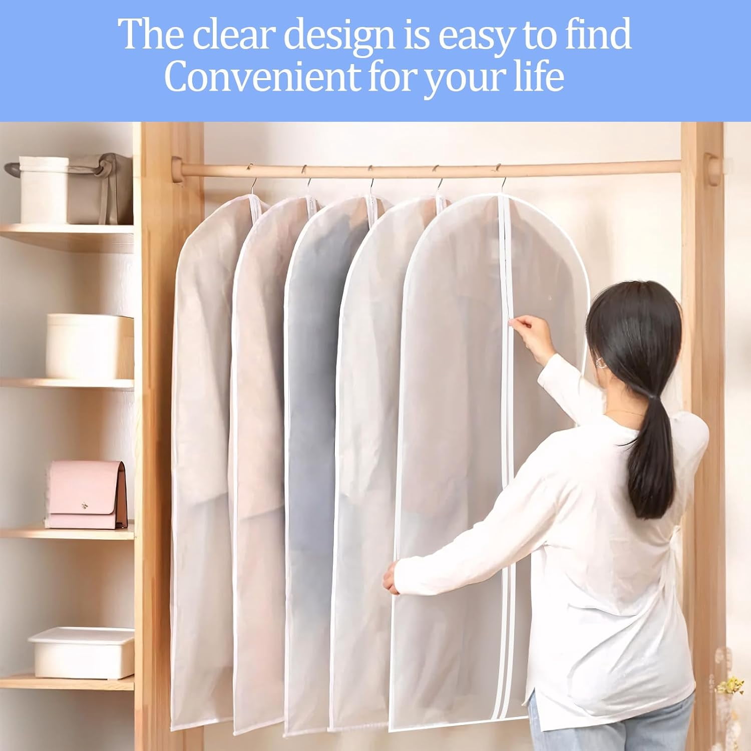 25 Pack 55" Hanging Clear Plastic Garment Bags with Zipper Translucent Long Dress Bags Clothes Cover for Closet Storage and Travel