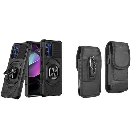 Case with Belt Holster Bundle for Moto G 5G 2022: Heavy Duty Shield Cover (Black) and Vertical Rugged Nylon Phone Pouch