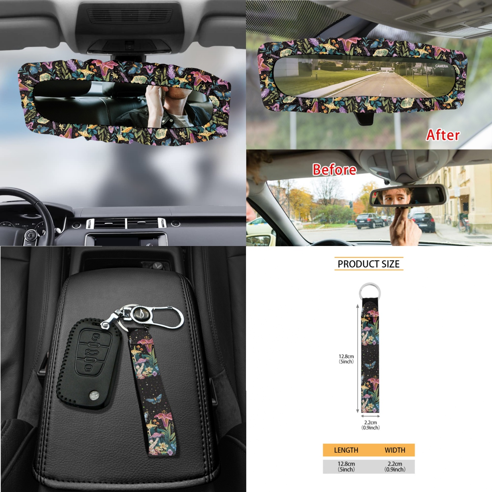 Garronmavis Aesthetic Butterfly Petunia 15 PCS Car Seat Cover Full Set 4 Pieces Car Seat Covers Steering Wheel Cover Keychain Car Trash Bag Car Dash Accessories Rearview Mirror Cover Car Coasters
