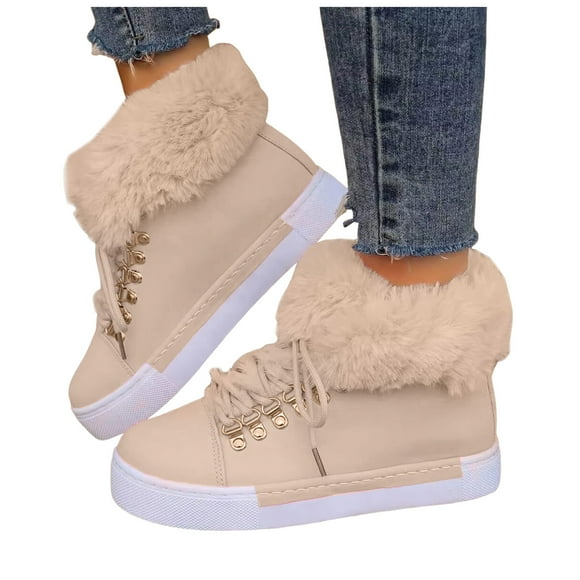 Dakaela Winter High Top Sneakers for Women Platform Fleece Lined Ankle Boots Fashion Lace up Casual Walking Booties Shoes Beige 7.5