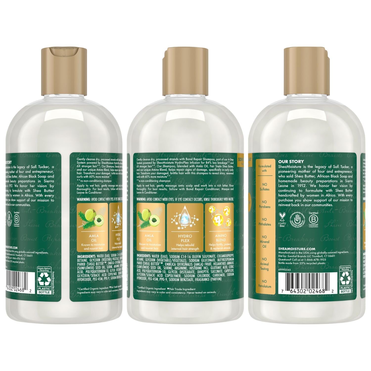 Shea Moisture Shampoo & Conditioner Set + Leave-In Conditioner – Amla Oil Bond Repair Hair Treatment for Dry, Damaged Hair, Anti-Frizz Products for Curly Hair (3 Piece Set)