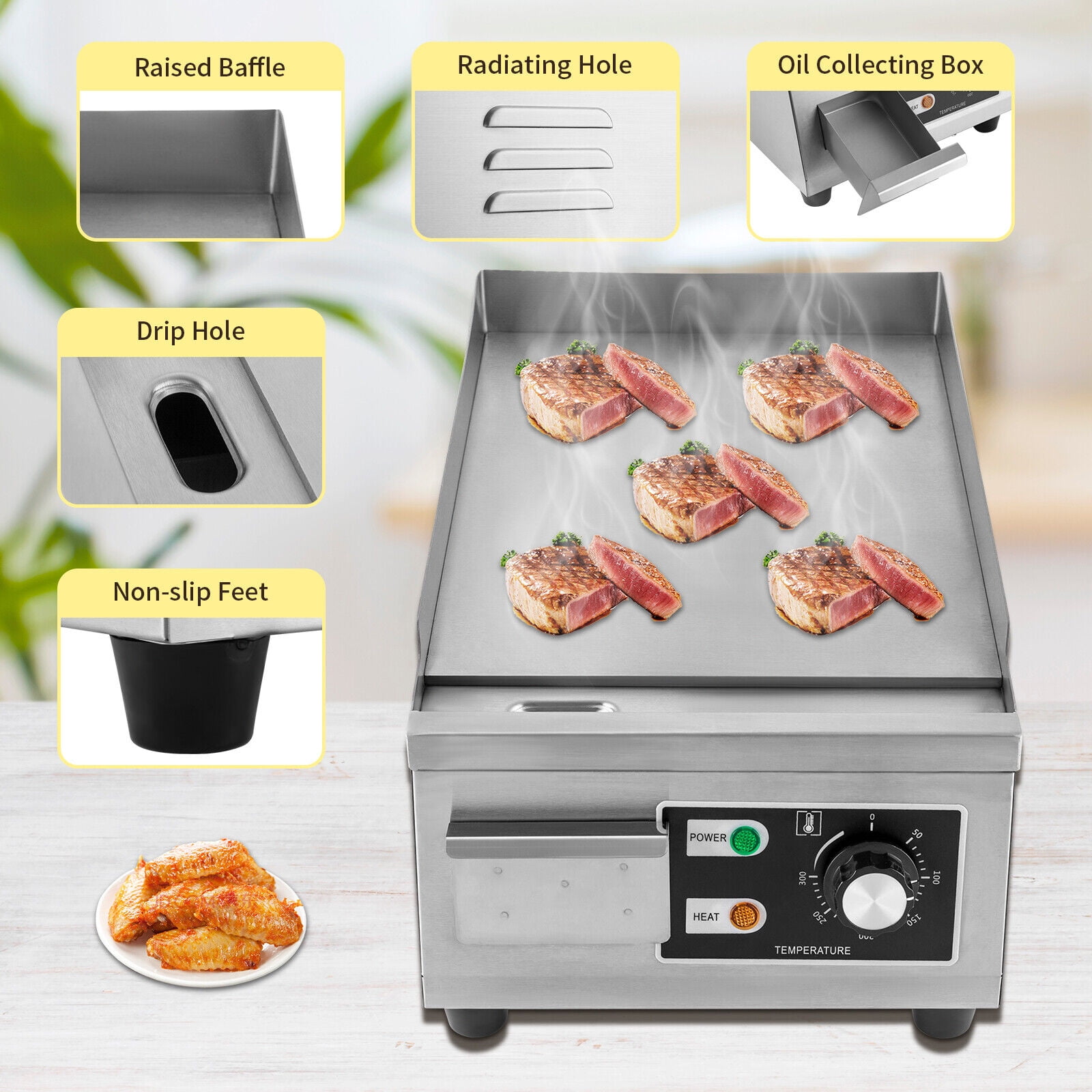Electric Griddle Flat Top Grill 1300W Hotplate BBQ Commercial Kitchen Hot plate Electric Countertop Griddle Machine 122°F to 572°F 1.02*18.90*8.07 inch