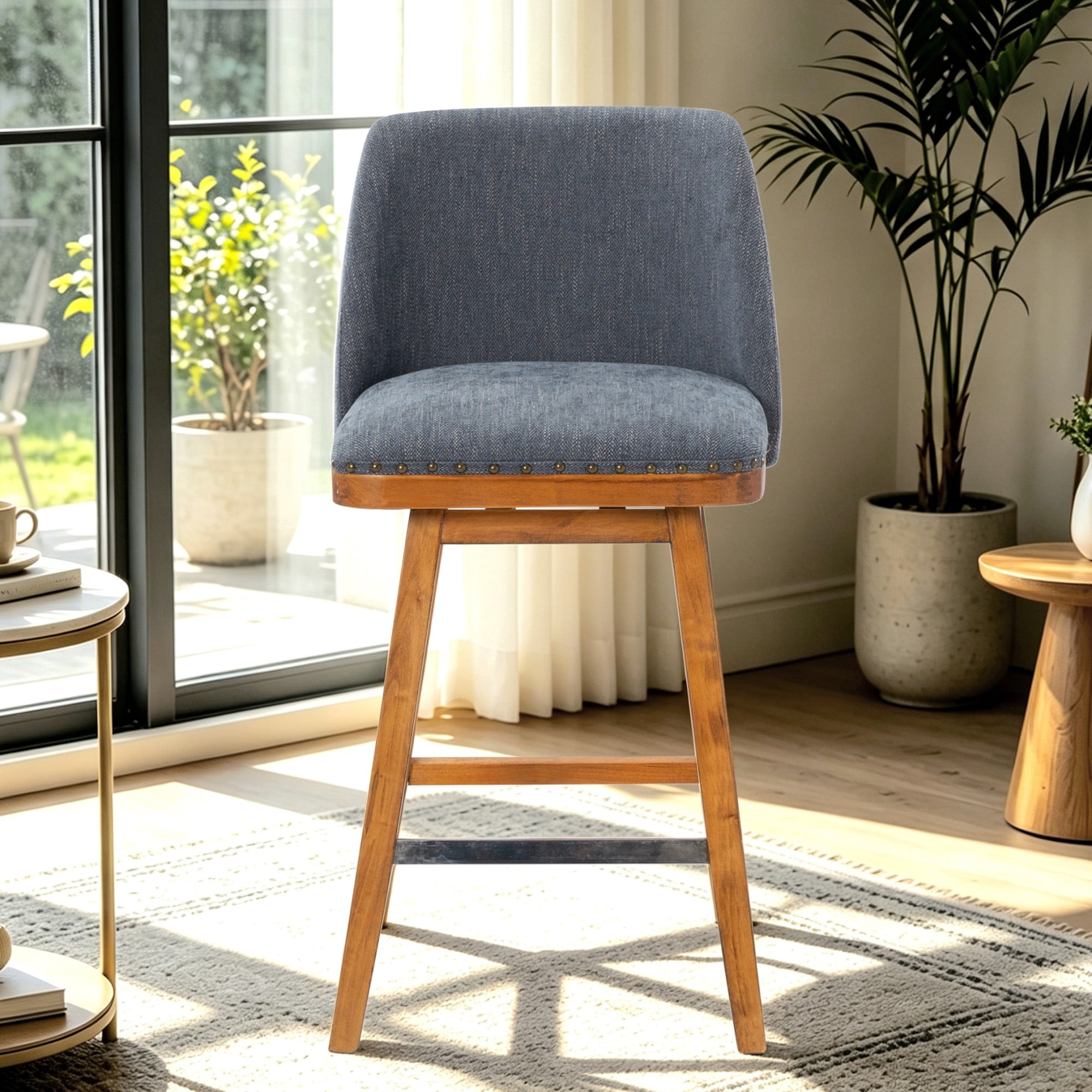BSHTI 18.9" Linen Swivel Barstool with Back Support, Foam Seat, Wood Frame, Footrest for Dining Rooms（Blue）