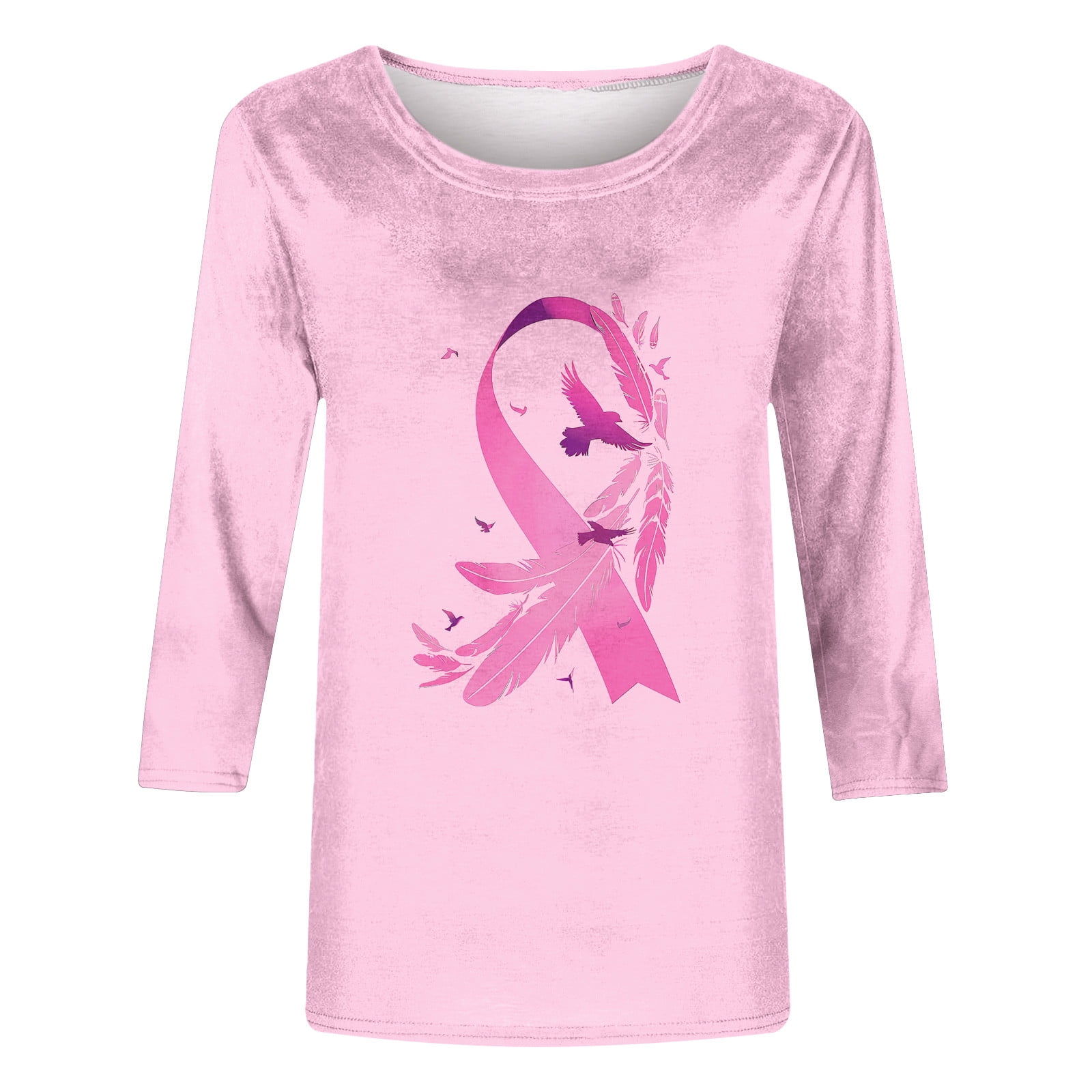 Simua Womens Pink Ribbon Tops 3/4 Sleeve Shirts Round Neck Loose