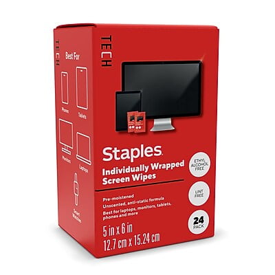 Staples TECH Screen Cleaning Wipes, Individually Wrapped, Streak-Free for Monitors/Phones/Laptops, 24-Pack