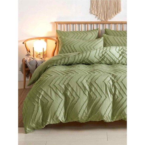 Funda Nórdica Verde Queen Size, 3pc Boho Mechón de Microfibra Ropa de Cama Consolador