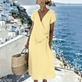 thumbnail image 3 of Pounoo Women's Dresses V Neck Short Sleeve Wrap Linen Blend Midi Dress With Waist Tie Casual Beach Wear Lightweight Breathable Loose Fit Vacation Sundresses Gift, 3 of 7