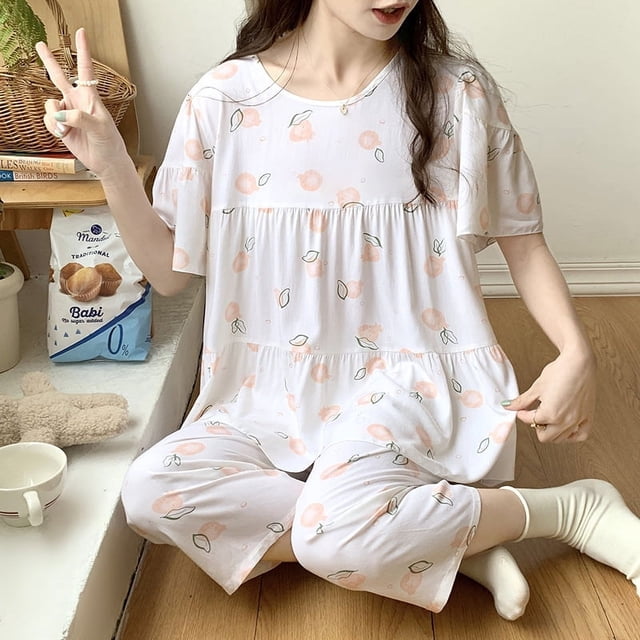 Pijama de seda de algodón de manga corta de verano para mujer, estilo occidental, fino, con aire acondicionado, ropa de casa, traje de seda de algodón para estudiantes dulces para niñas