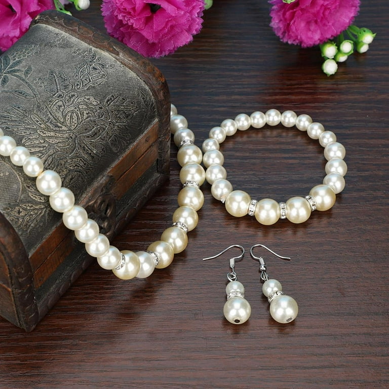 Faux Pearl Jewelry Set - Simulated Pearl Necklace, Bracelet & Earrings For Women