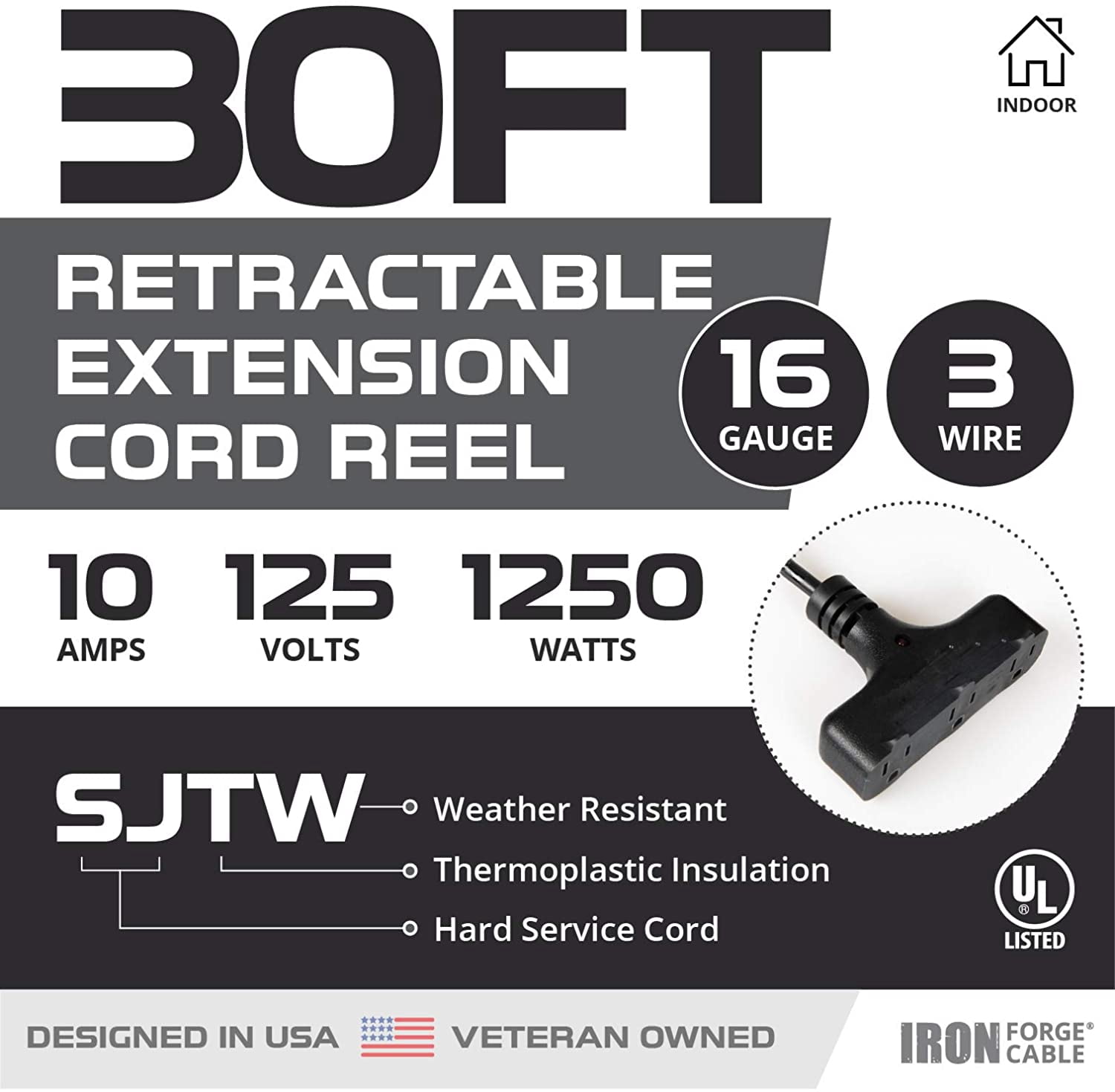Iron Forge Cable 30Ft Retractable Extension Cord Reel with Breaker Switch & 3 Electrical Power Outlets - 16/3 SJTW Durable Black Cable - Perfect for Hanging from Your Garage Ceiling