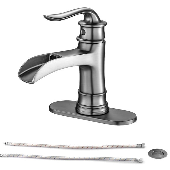 JERFIT Modern Single Hole Waterfall Bathroom Faucet with Pop-Up Drain, Brushed Nickel Finish, Solid Brass Construction for Vessel Sink