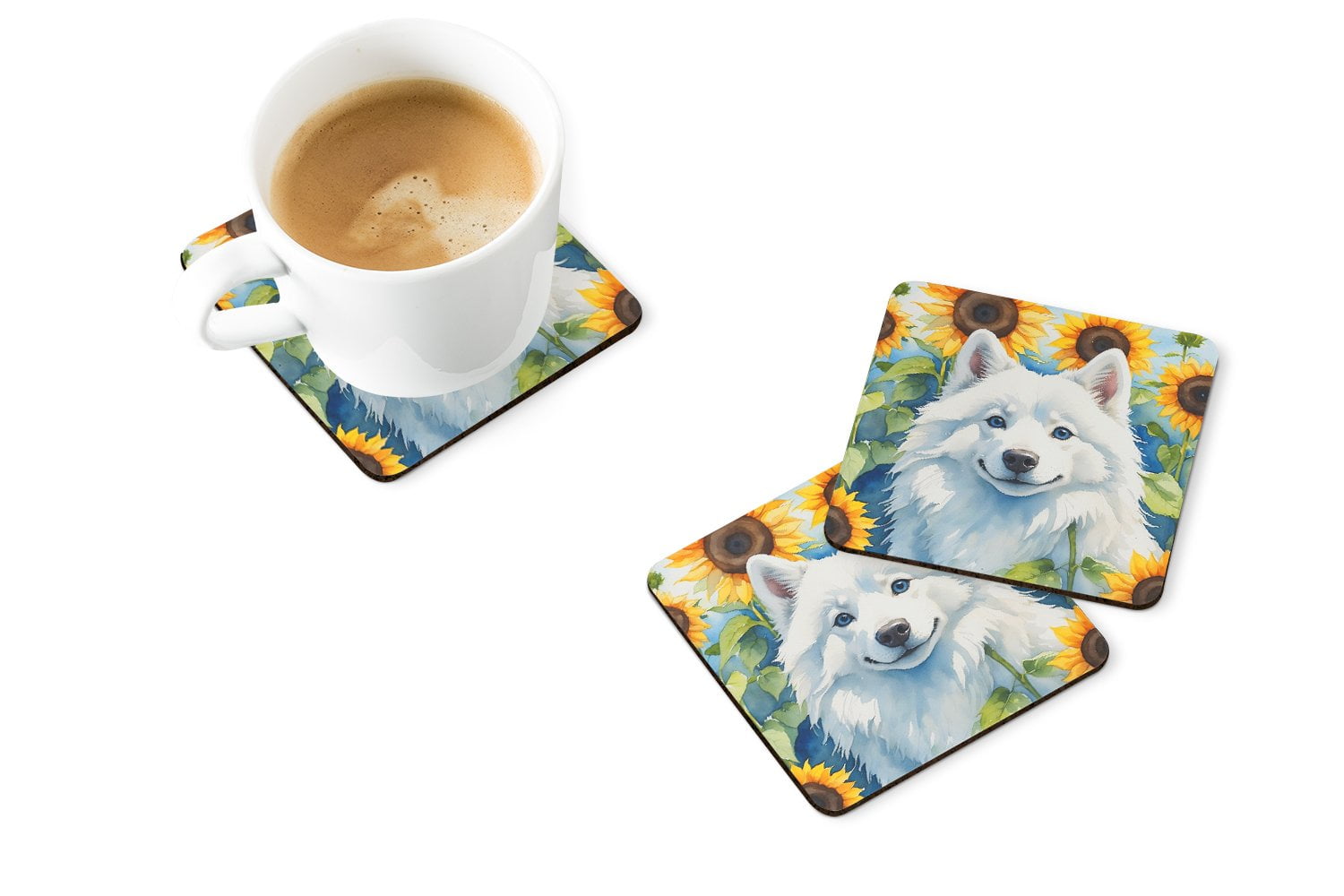 American Eskimo in Sunflowers Foam Coasters 3.5 in x 3.5 in