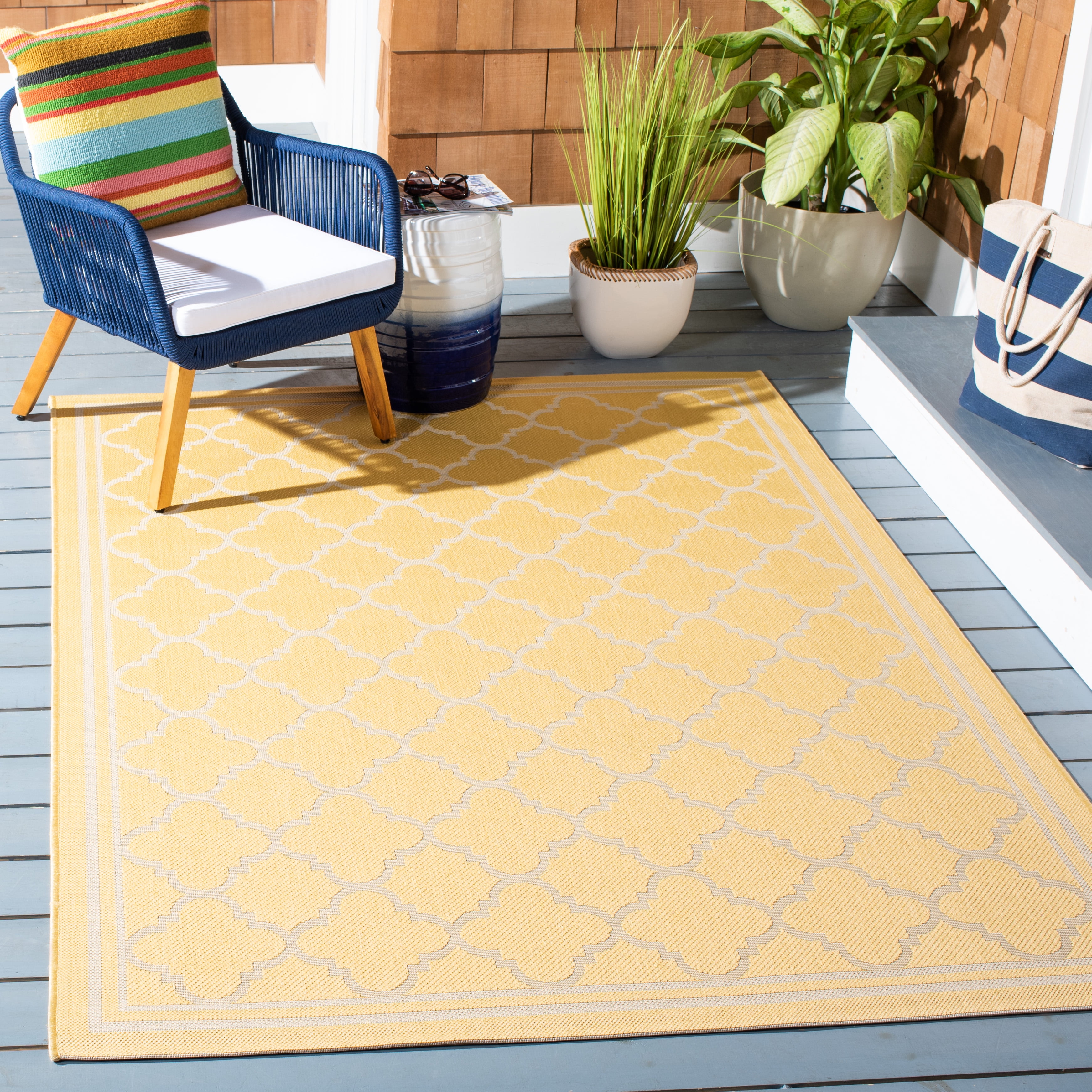 SAFAVIEH Courtyard Alina Geometric Indoor/Outdoor Area Rug, Gold/Beige, 5'3" x 7'7"