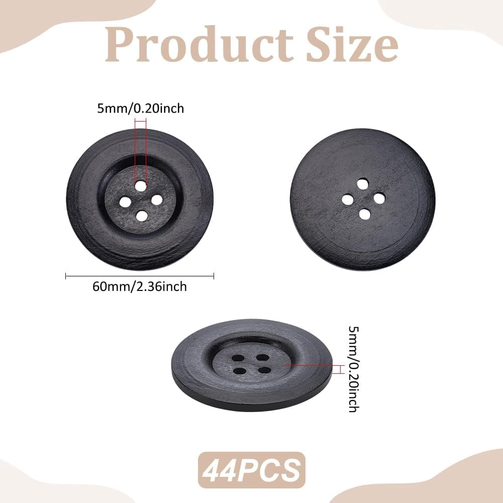 44Pcs Wood Buttons 4-Hole Flat Round Black 60x5mm Hole: 5mm