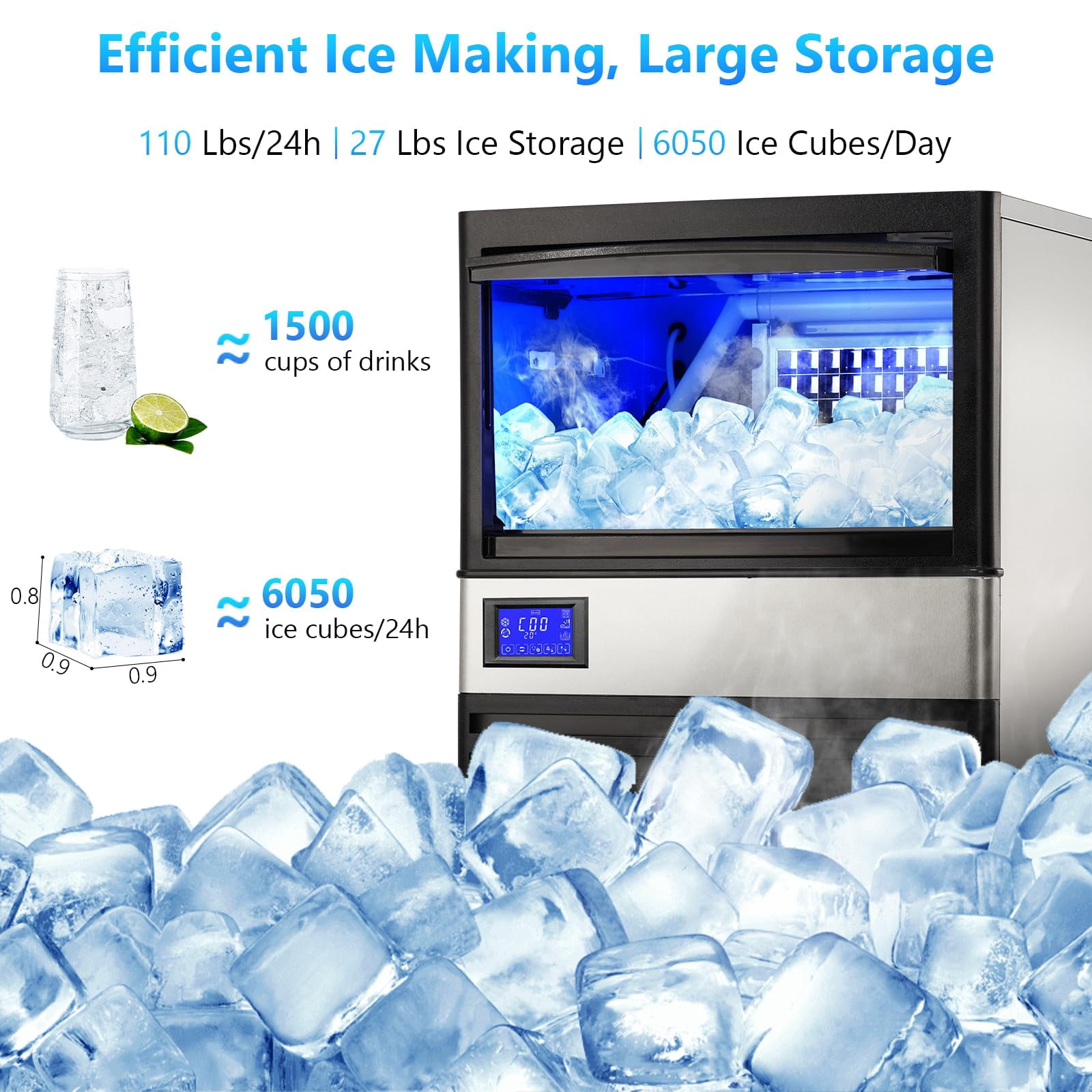EastVita Multi-style Commercial Ice Maker Machine, with Storage Bin, Clear Ice Cubes, Counter Freestanding Ice Machine for Home/Party/Bar/Restaurant