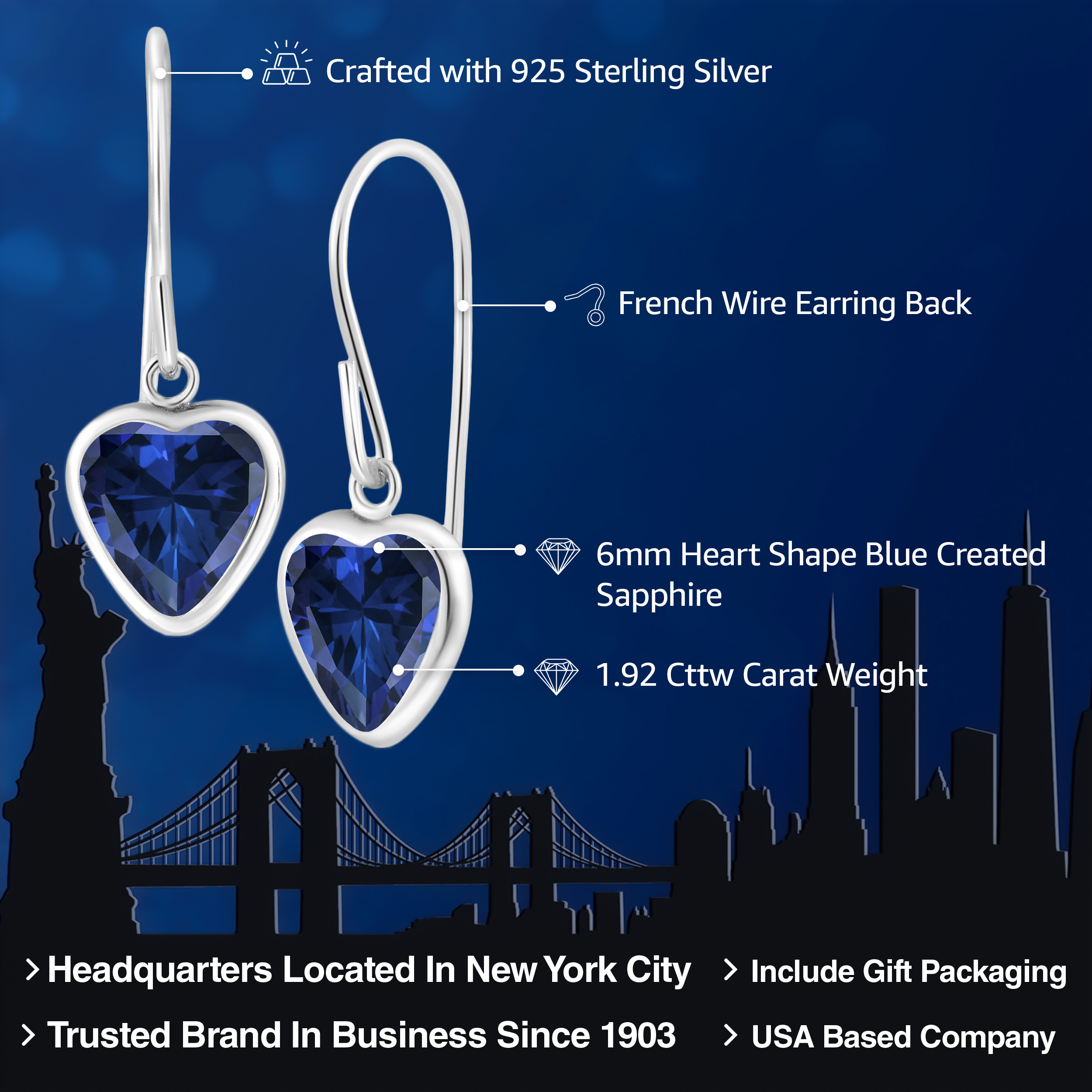 Gem Stone King 1.92 Cttw Blue Created Sapphire French Wire Dangle Hook Earrings for Women | 925 Sterling Silver | Gemstone September Birthstone | Heart Shape 6MM