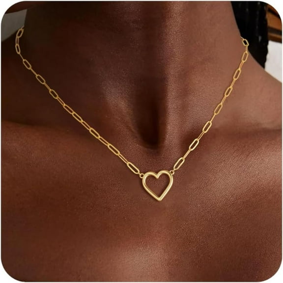 Gold Necklace for women, 14K Gold Plated Hypoallergenic Dainty Love Heart Pendant Necklace for Women Trendy, Paperclip Chain Choker Valentines Gifts Fashion Accessories Jewelry Gifts for Her