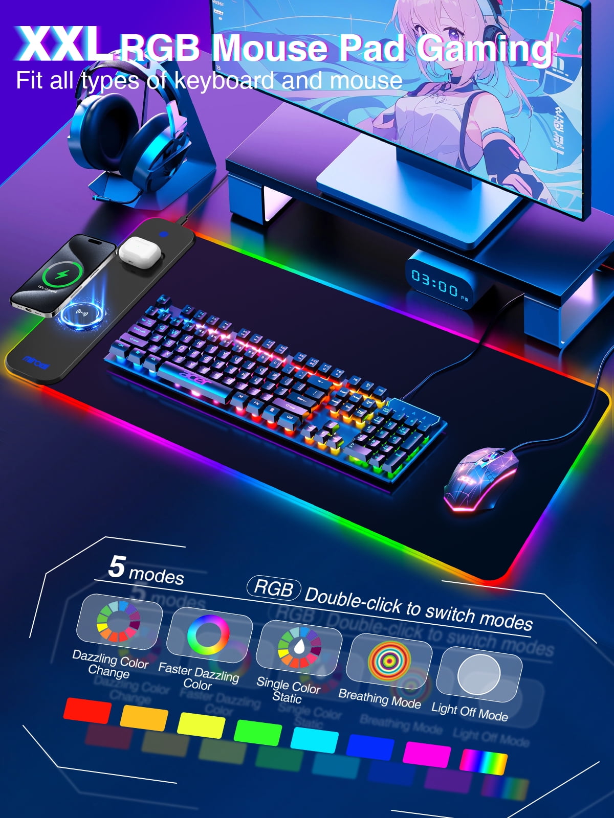 Miroddi RGB Gaming Mouse Pad with Wireless Charger, LED Desk Mat with 15W Fast Charging, Waterproof Non-Slip Desk Pad for Office & Home