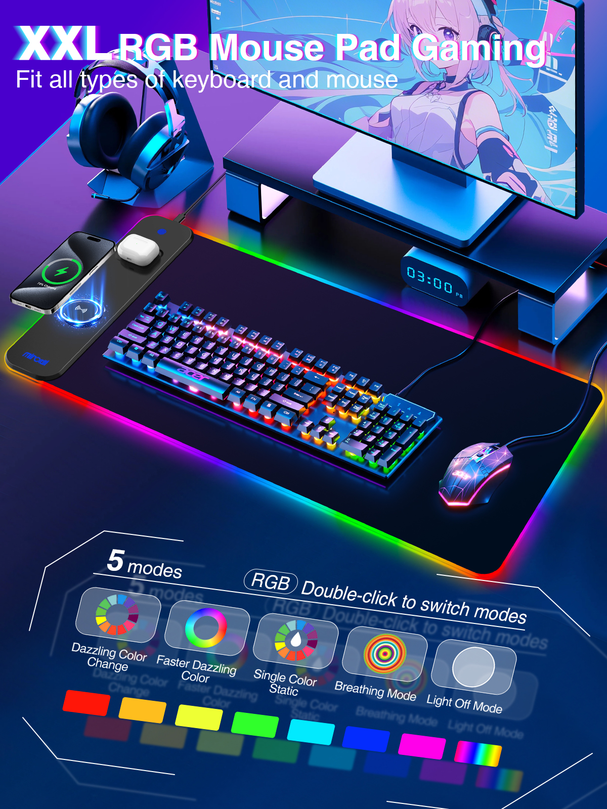 Miroddi RGB Gaming Mouse Pad with Wireless Charger photo 3