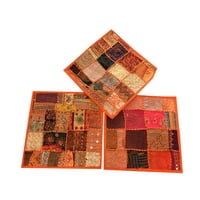 Mogul Set Of 3 Beautiful Indian Handmade Cushion Covers Vintage Orange Patchwork Decorative Pillow Sham 16X16