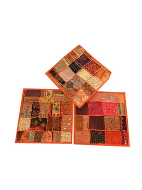 Mogul Set Of 3 Beautiful Indian Handmade Cushion Covers Vintage Orange Patchwork Decorative Pillow Sham 16X16