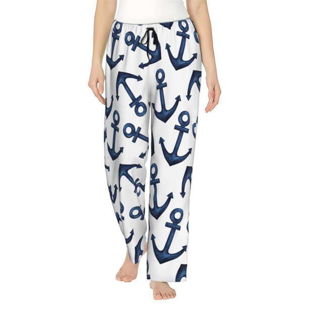 Fotbe Navy Blue Anchor Pantalones de Pijama para Mujer, Pantalones de Dormir, Pantalones Pj con Cordón y Bolsillos-Medium