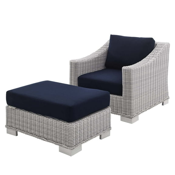 Lounge Chair and Ottoman, Sunbrella, Rattan, Wicker, Light Grey Gray Blue Navy, Modern Contemporary Urban Design, Outdoor Patio Balcony Cafe Bistro Garden Furniture Hotel Hospitality