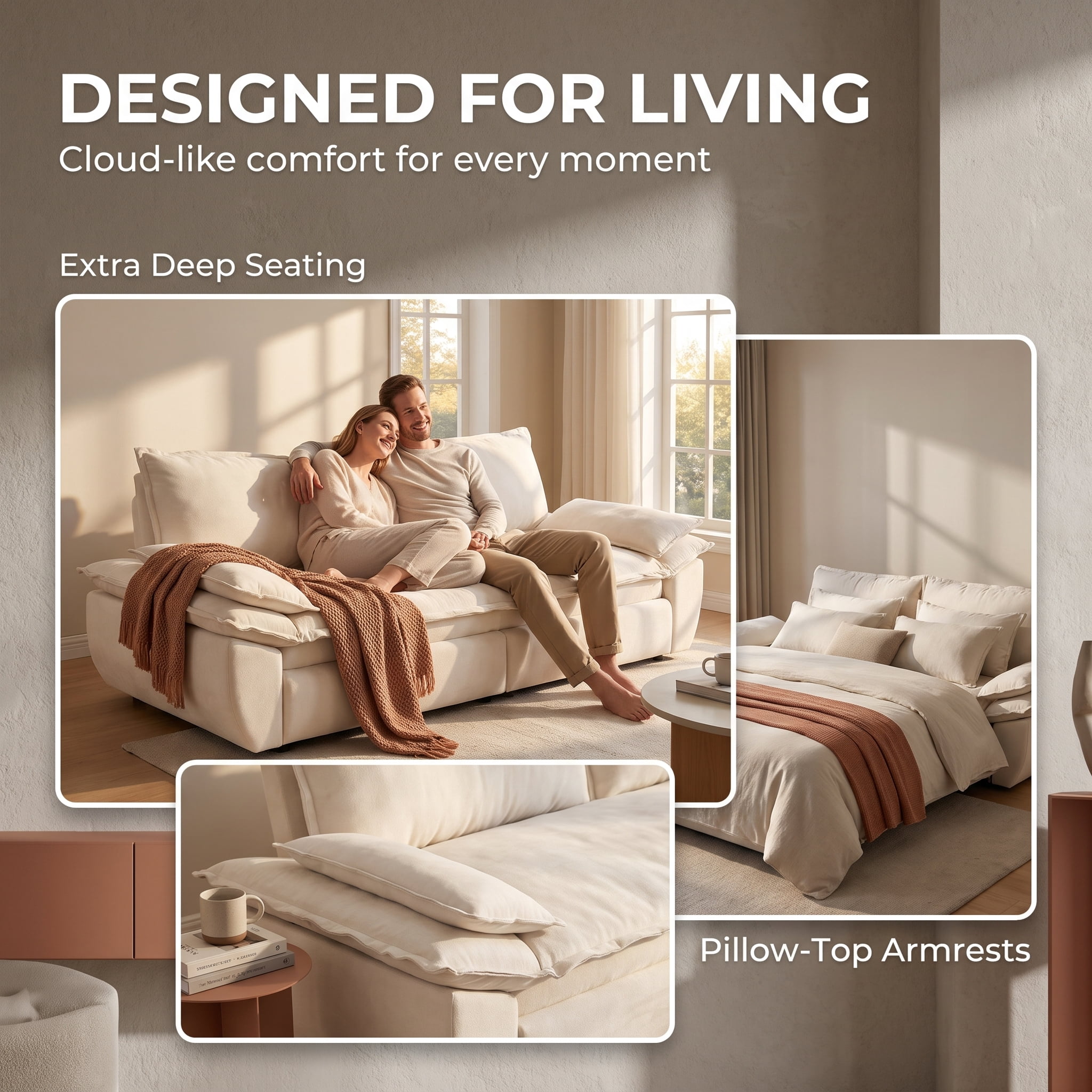 3-in-1 Queen Convertible Sleeper Sofa Bed, 73.2" Velvet Pull Out Couch with Extra Deep Seat & Pillow Top Armrests, Modern Folding Futon Lounge, Beige