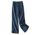 thumbnail image 3 of CFLVAEK Cotton Linen Pants for Women Plus Size Button Up Slacks Trousers with Pockets Dressy Casual Straight Wide Leg Long Pants Navy XXXL, 3 of 8