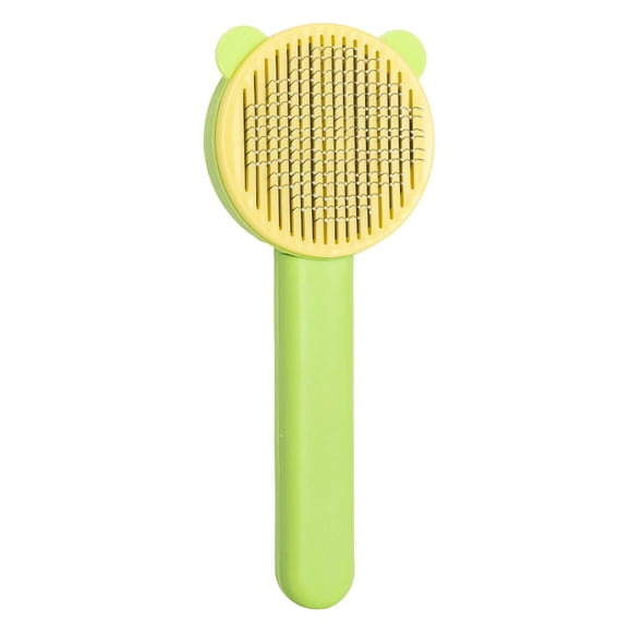 Peine para mascotas con aguja curvada a 60°, autolimpiante, para gatos y perros, agarre cómodo, color verde y amarillo.
