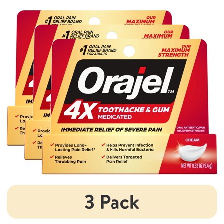 (3 pack) Orajel 4X for Toothache & Gum Pain: Severe Cream Tube 0.33oz- From #1 Oral Pain Relief Brand