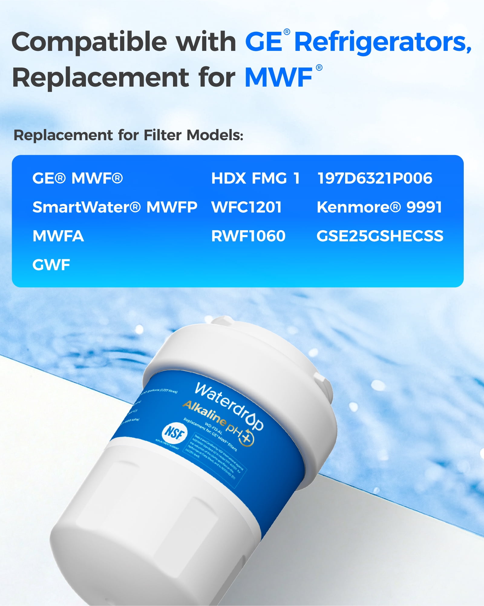 Waterdrop Alkaline WD-F13 Replacement for GE® MWF®, SmartWater® MWFP, MWFINT, MWFA, GWF, HDX FMG-1, GSE25GSHECSS, WFC1201, RWF1060, Enhances pH Refrigerator Water Filter