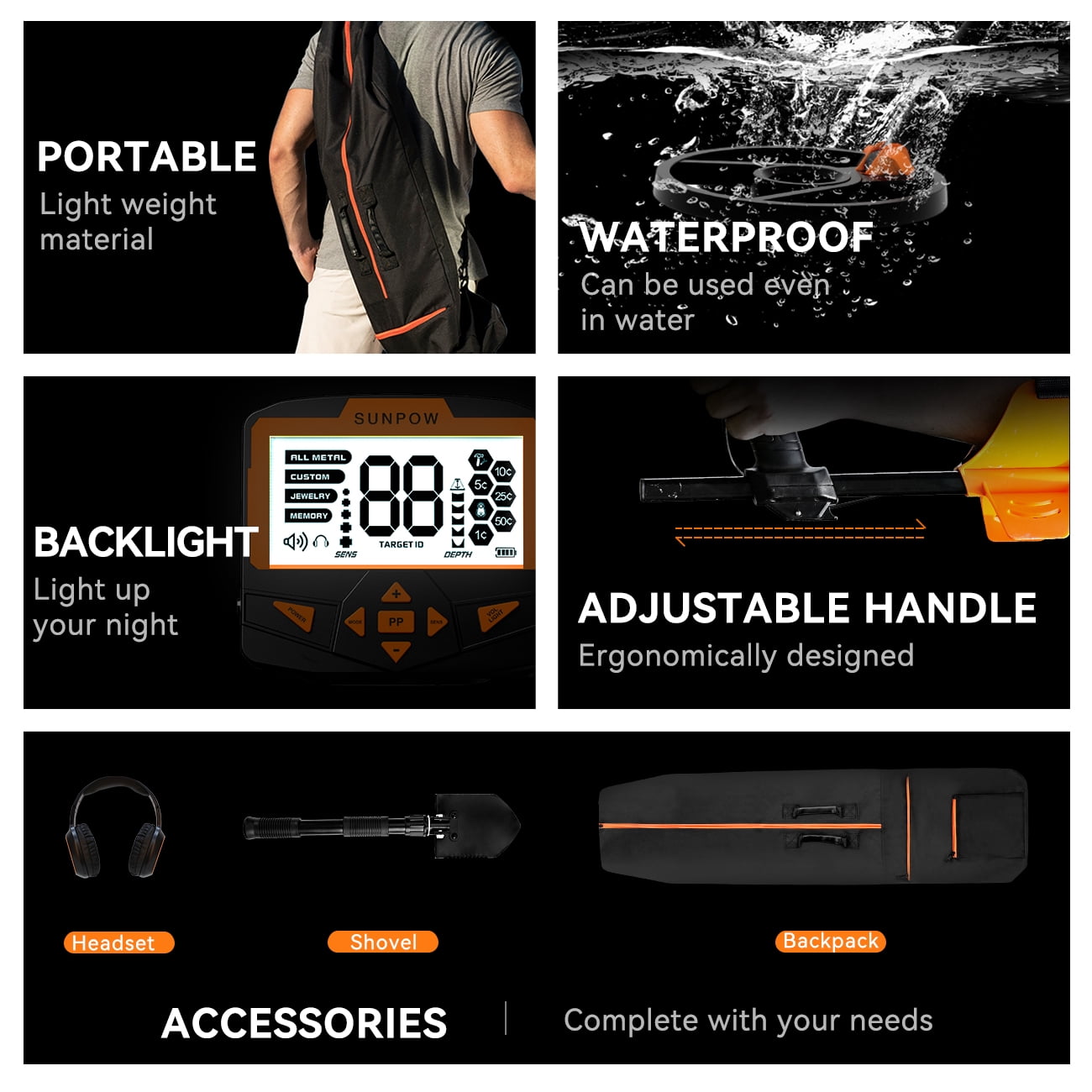 SUNPOW Orange and Black Backlit LCD Display Battery Powered Metal Detector