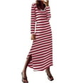 thumbnail image 2 of Blczomt Midi Dress Women Long Sleeve Striped Red Casual A Line Color Block Loose Fit V Neck Dress, 2 of 5