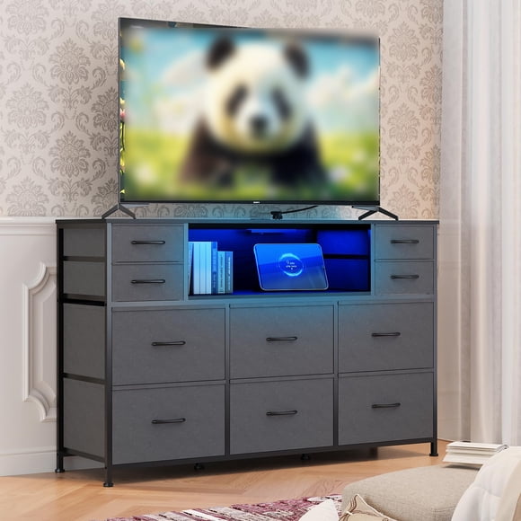 BeesClover 10 Fabric Drawers Dresser with LED Lights, Entertainment Center with Charging Station, Wood Top, Open Shelves, TV Stand for 40"-55" TV, Chest of Drawers for Bedroom Living Room Hallway
