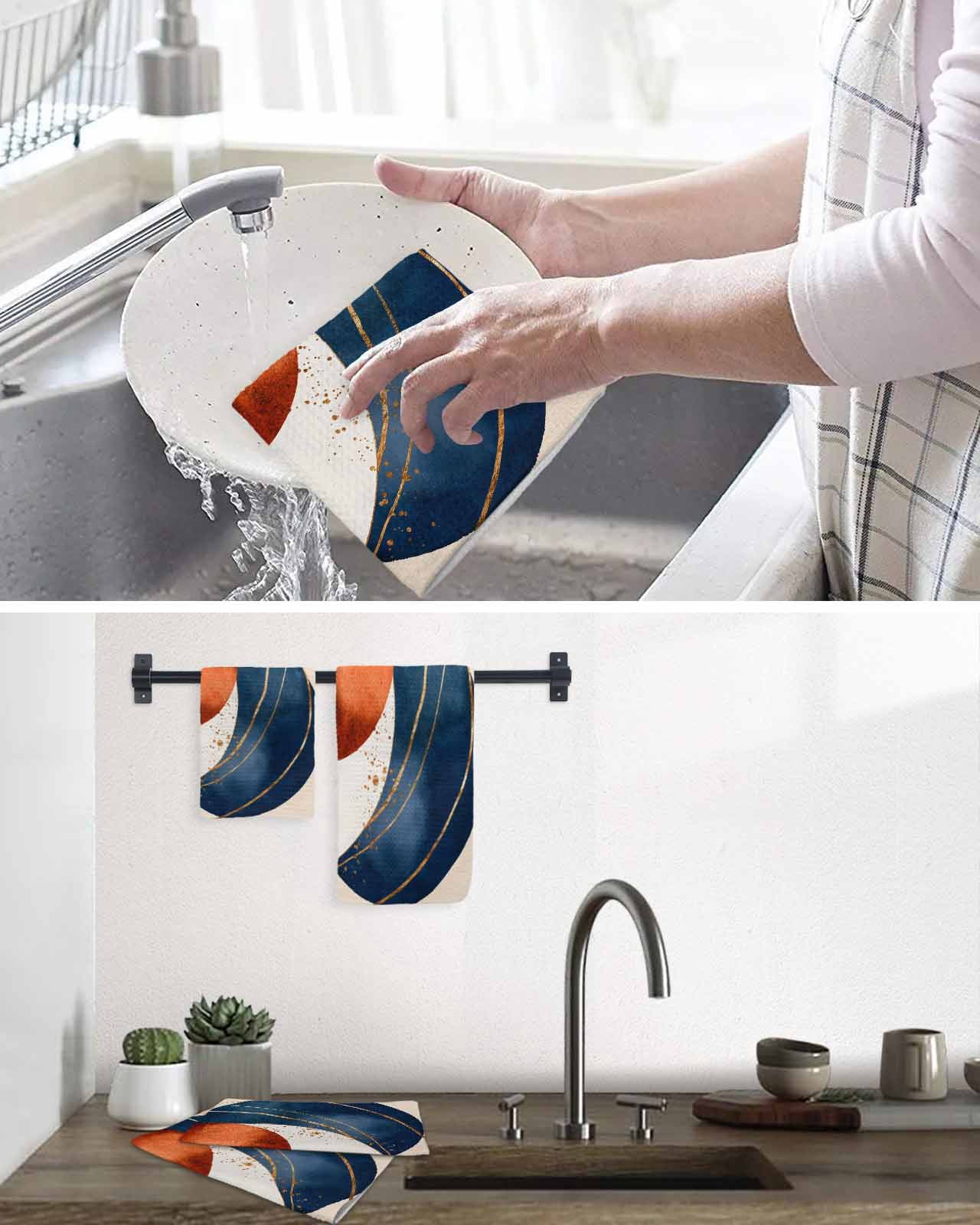 Navy Blue Burnt Orange Kitchen Dish Towels for Drying Dishes Set of 3, Modern Boho Art Geometric Waffle Weave Microfiber Hand Tea Bathroom Towels Quick Dry & Absorbent Towel 15.7x23.6