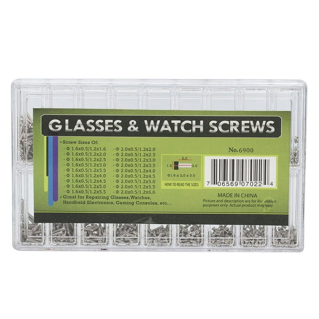 Fyydes Watch Repair Screw kit containing 1800 stainless steel mini screws in 18 different sizes, organized in a transparent storage case. Designed for repairing glasses, sunglasses, watches, and other small devices. The case label displays screw sizes and usage instructions.