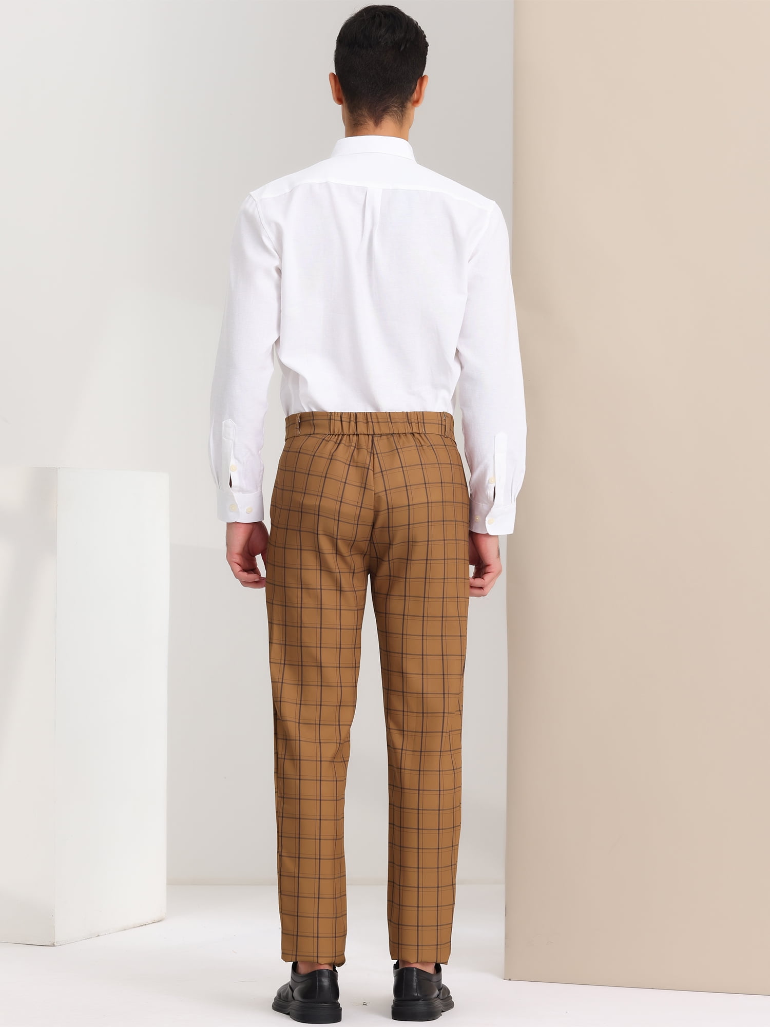 Unique Bargains Men's Dress Pants Slim Fit Checked Flat Front Business Plaid Formal Pants 30 Brown Black