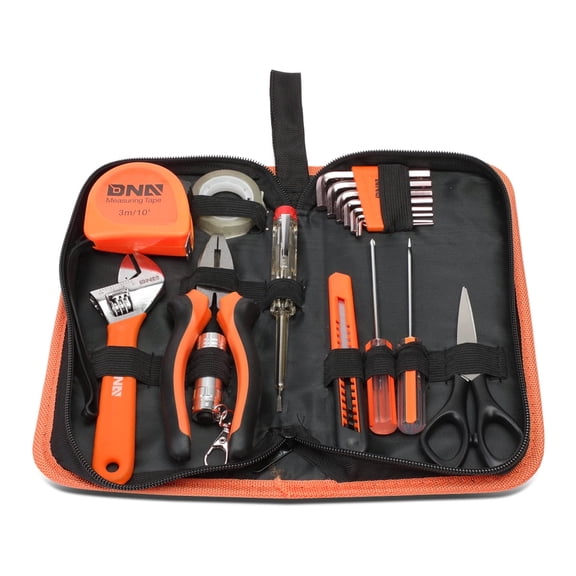 DNA Motoring 18Pcs Hand Tool Kit Hammer Wrench Screwdriver Pliers Allen Keys Led Light Orange