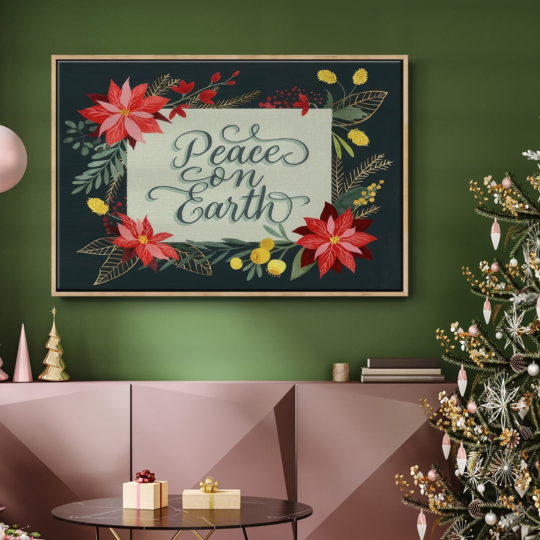 Bright Christmas Night II - Framed Gallery Wrapped Holiday Canvas - 25 x 37 - Natural Wood Frame